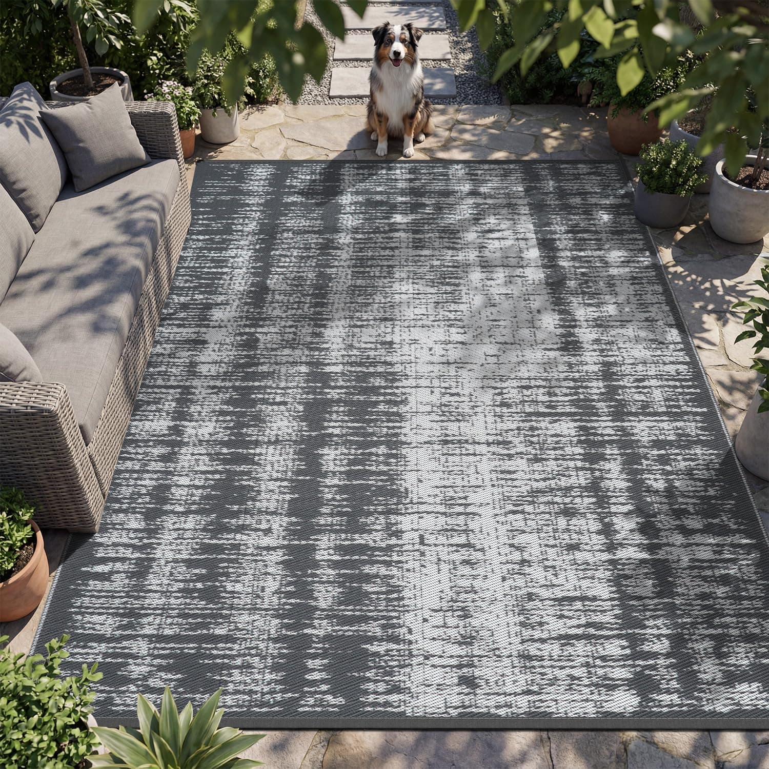 COCOER-Outdoor Rug-Patio Rug 9x12 ft Outdoor Carpet Camping Rugs Reversible Mat Modern Plastic Straw Rugs for RV Camper Balcony Backyard Picnic Deck Fashion Dark Grey