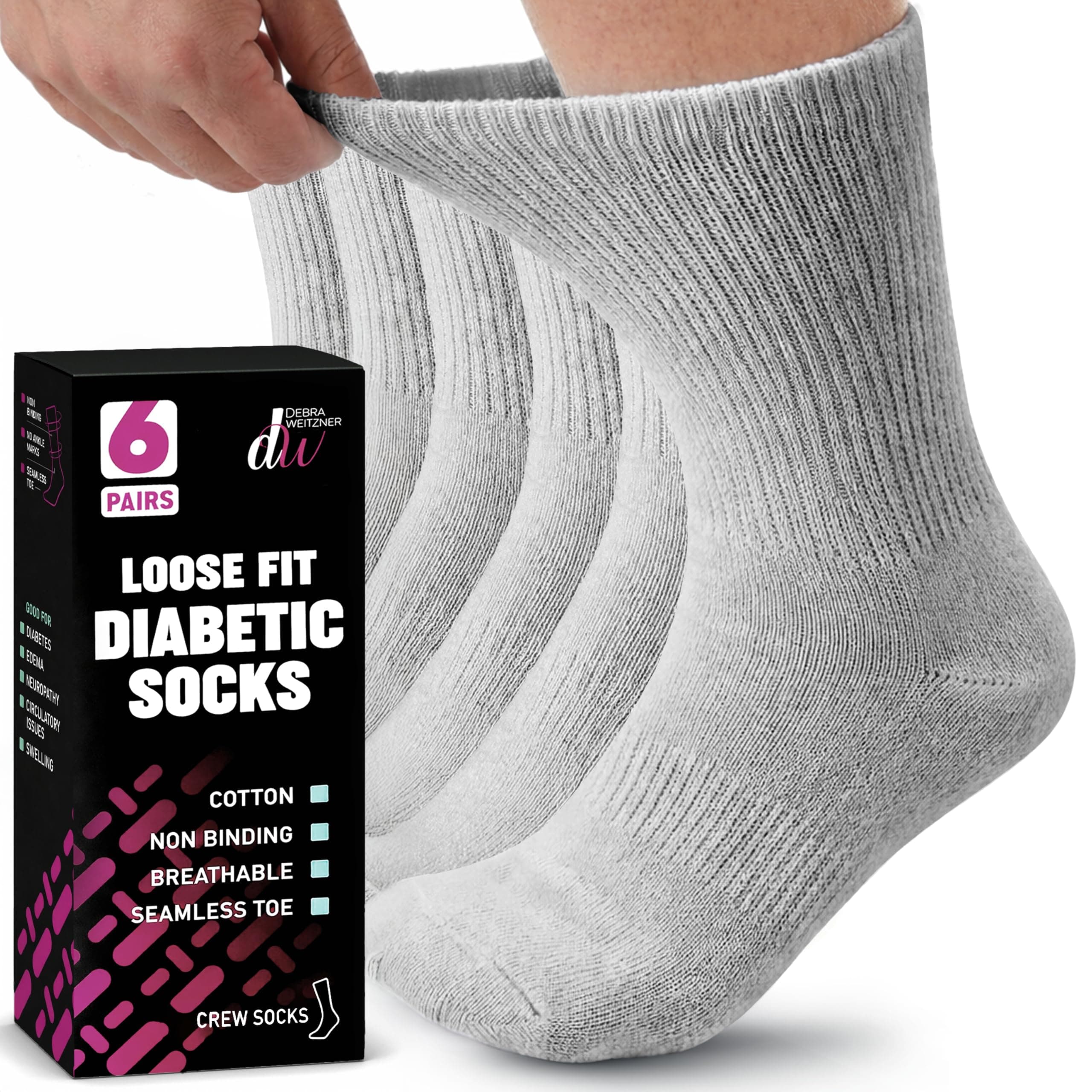 Diabetic Socks For Men and Women Loose Fit Non-Binding Cotton Crew Socks 6 Pairs
