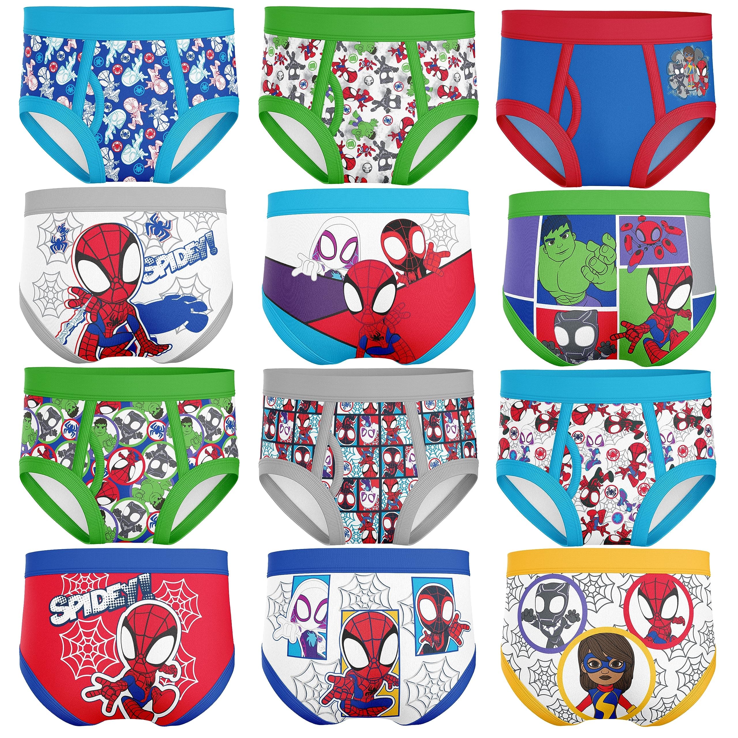 Marvel Superhero & Spiderman Count Down Box of 12Pk 100% Cotton Briefs with Potty Training Chart & Stickers, Spidyfriends12pkbox, 4T
