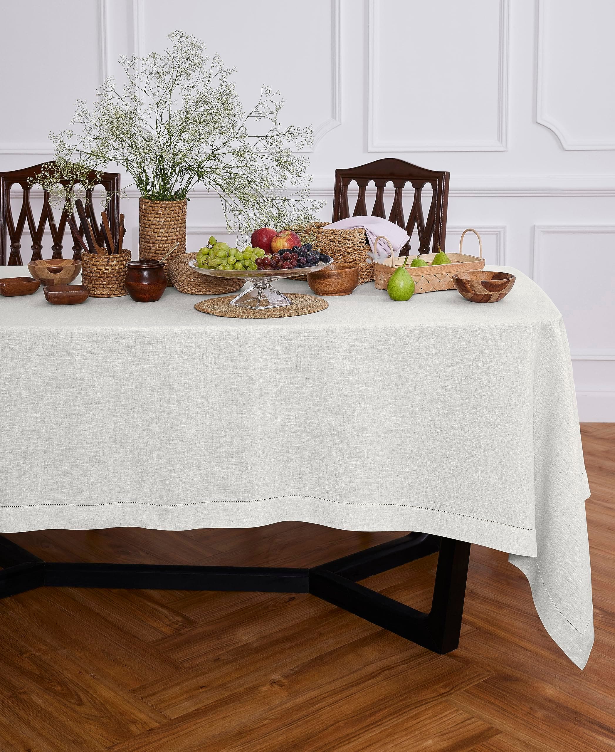 Solino Home 100% Pure Linen Tablecloth Light Flax Hemstitch, 70 x 120 in