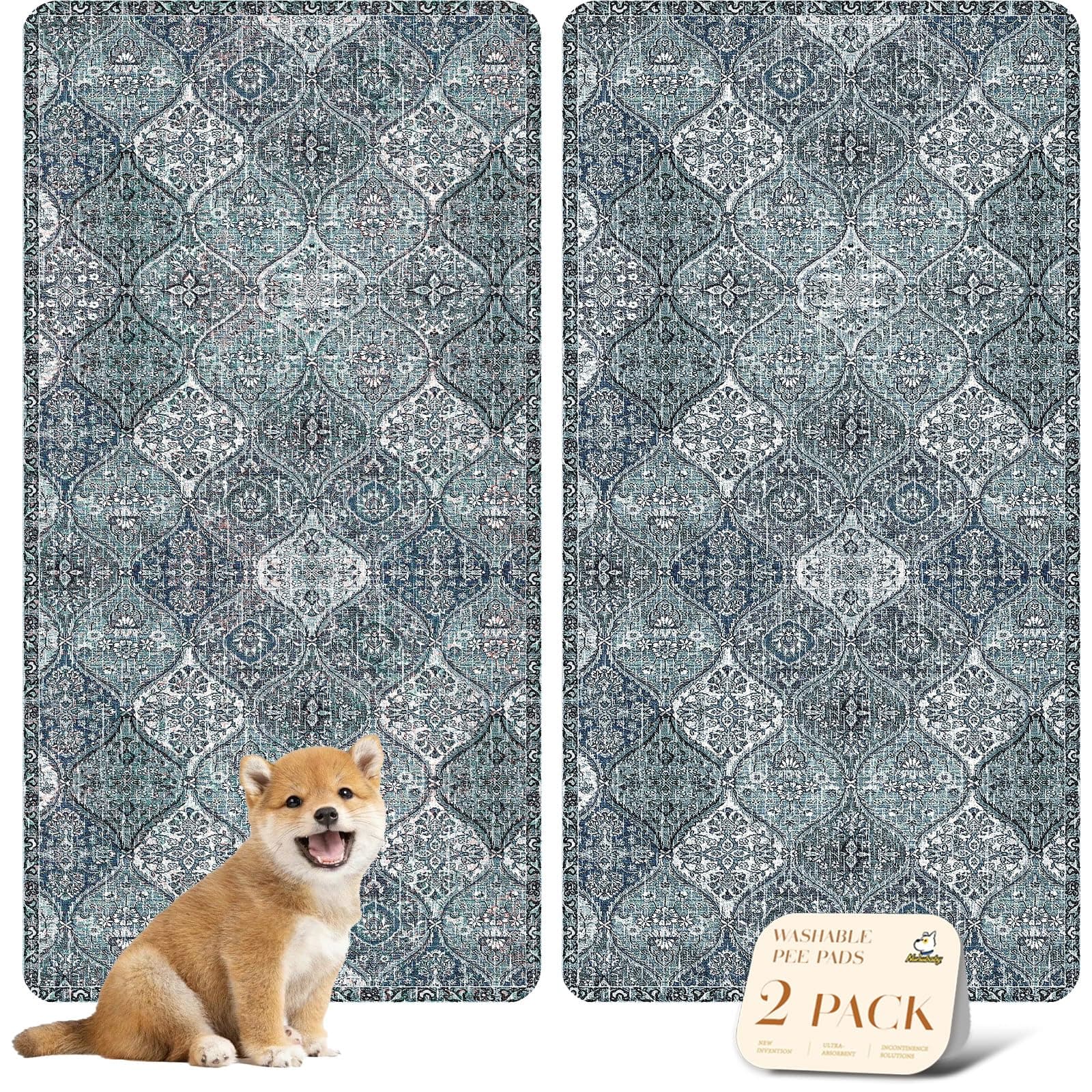 nunubaby Washable Pee Pads for Dogs, Stylish, Non-Slip and Leak-Proof Pee Pads. Reusable Potty Pads for Dogs for Crates and Floors.(Blue/Multi, 24" x48" )