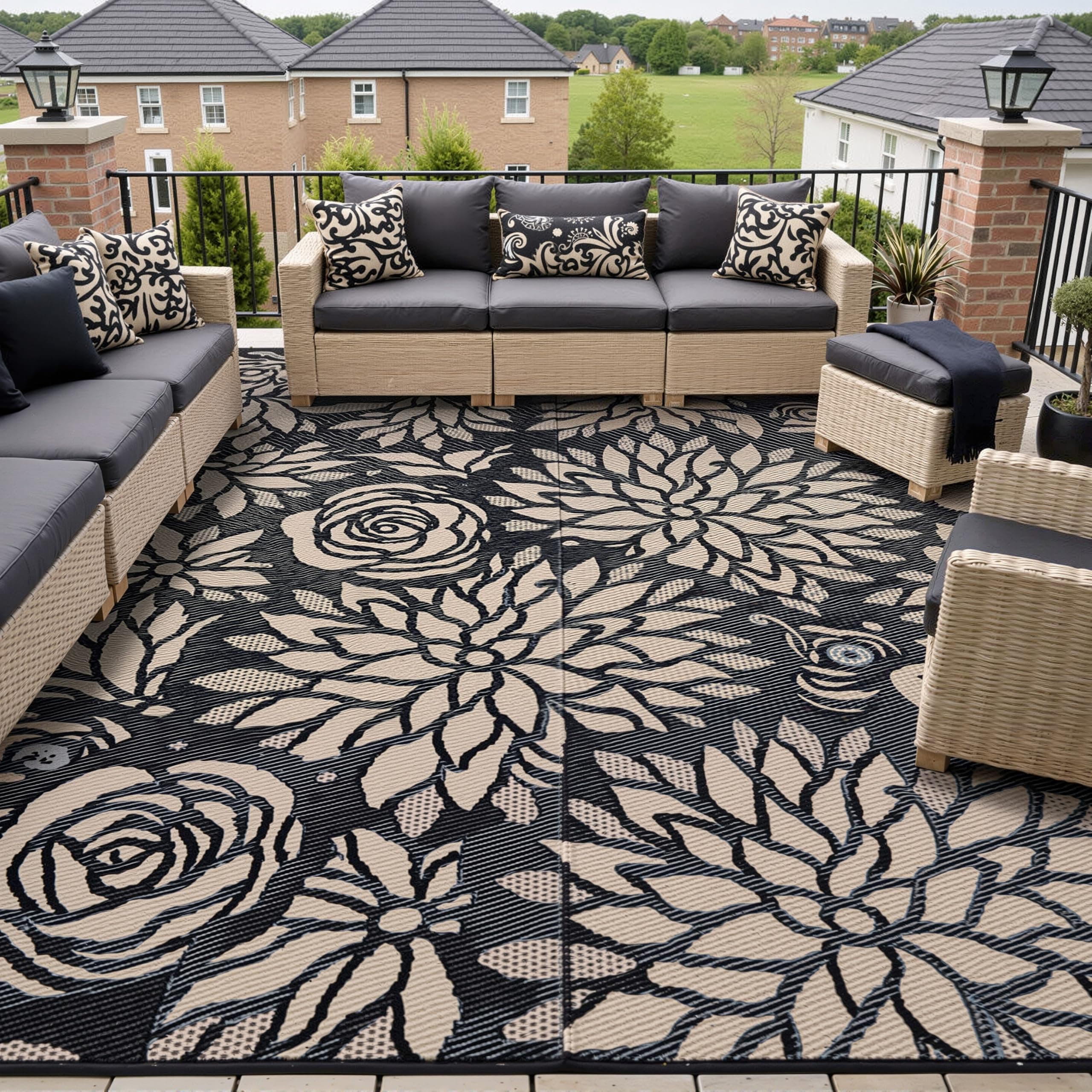 WondRg Outdoor Rug Patio Mat 6x9 Waterproof Plastic Straw Black Brown Floral Tapis Exterieur for Camping Picnic Deck Washable Outside Carpet Balcony Backyard Porch RV Portable Reversible Lightweight
